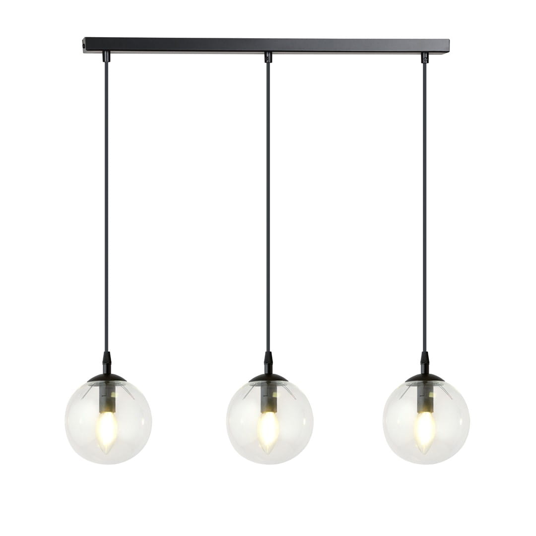 Lampa wisząca Cosmo 3-punktowa z przezroczystymi, okrągłymi kloszami i czarnym zawieszeniem. Klosze zawieszone na dwóch czarnych linkach, umieszczone na prostokątnej podstawie. Źródła światła wewnątrz kloszy.