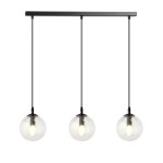 Lampa wisząca Cosmo 3-punktowa z przezroczystymi, okrągłymi kloszami i czarnym zawieszeniem. Klosze zawieszone na dwóch czarnych linkach, umieszczone na prostokątnej podstawie. Źródła światła wewnątrz kloszy.