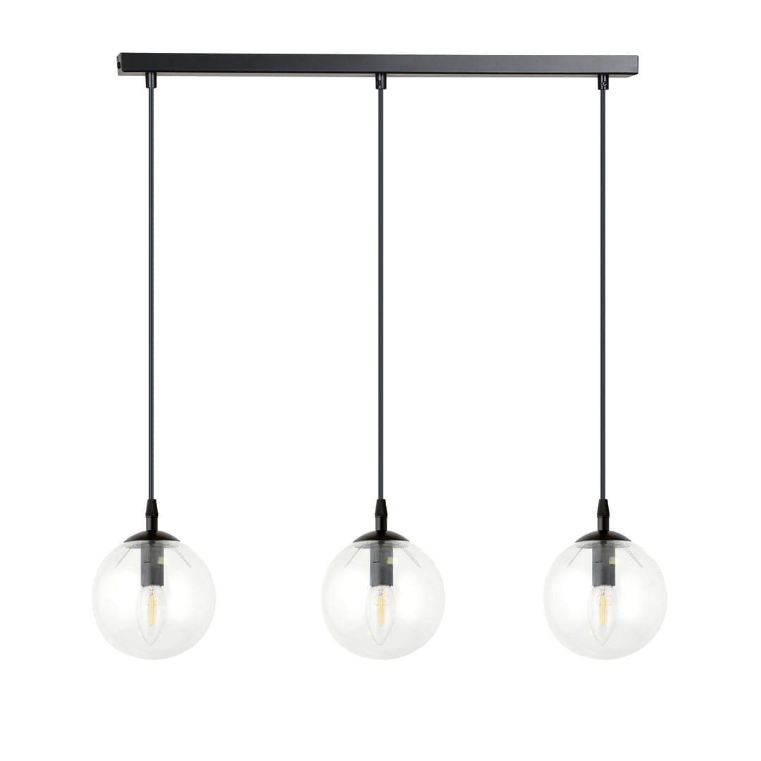 Lampa wisząca Cosmo 3-punktowa z przezroczystymi kloszami w kształcie kul, zawieszona na czarnych linkach. Elementy metalowe w kolorze czarnym, umieszczone na prostokątnej podstawie. Idealna do nowoczesnych wnętrz.