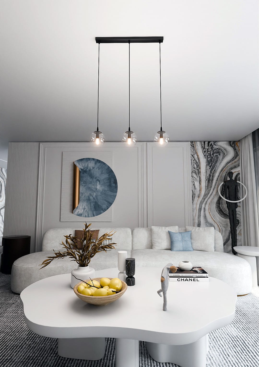 Lampa wisząca Cosmo 3-punktowa z przezroczystymi kloszami, zawieszona na czarnym stelażu. Widoczne trzy źródła światła w minimalistycznym stylu. Produkt umieszczony w nowoczesnym wnętrzu z jasnymi meblami i dekoracjami.