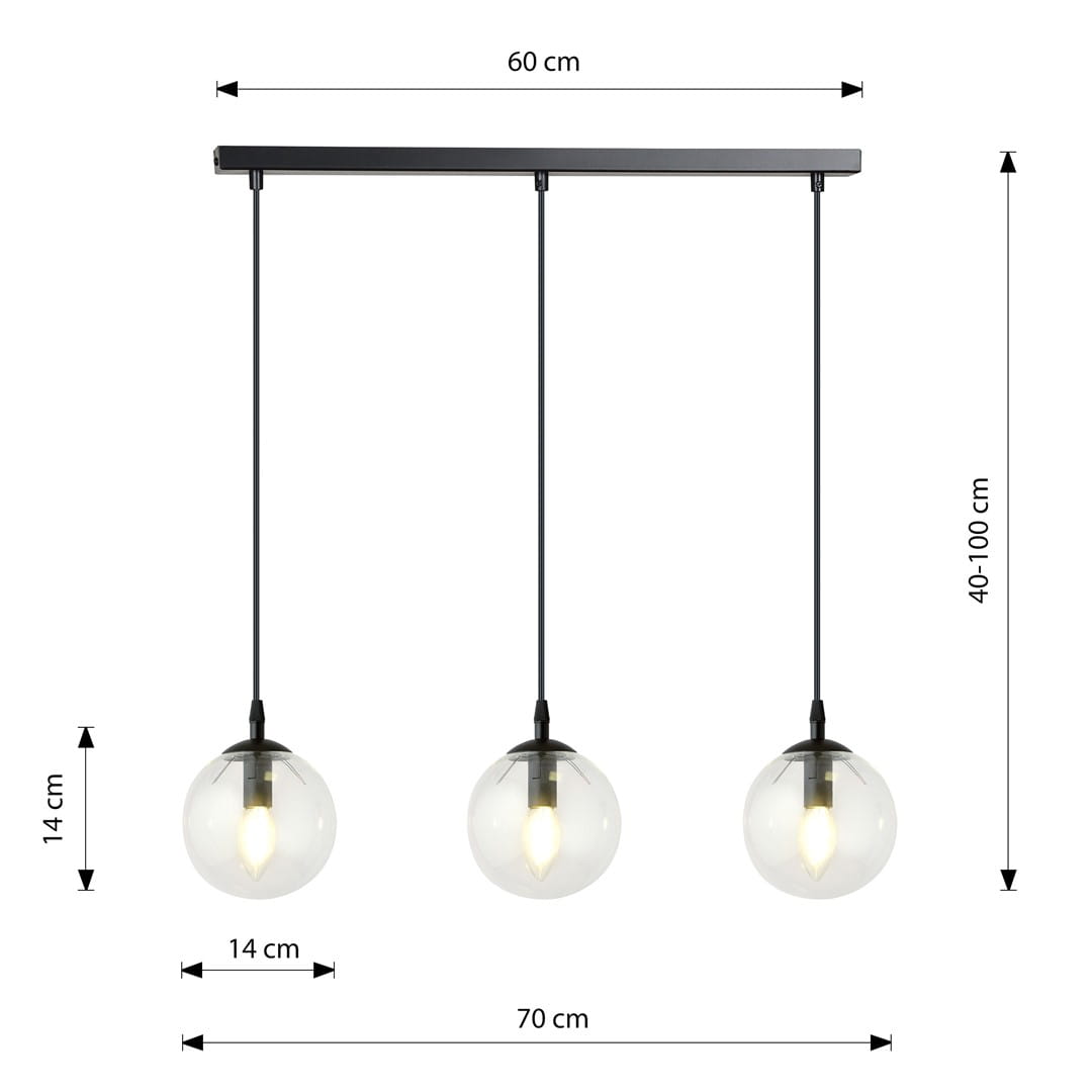 Lampa wisząca Cosmo 3-punktowa z przezroczystymi kloszami o średnicy 14 cm, zawieszona na czarnym stelażu. Długość zwisów regulowana od 40 do 100 cm, szerokość 60 cm, długość 70 cm. Idealna do nowoczesnych wnętrz.