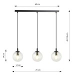 Lampa wisząca Cosmo 3-punktowa z przezroczystymi kloszami o średnicy 14 cm, zawieszona na czarnym stelażu. Długość zwisów regulowana od 40 do 100 cm, szerokość 60 cm, długość 70 cm. Idealna do nowoczesnych wnętrz.