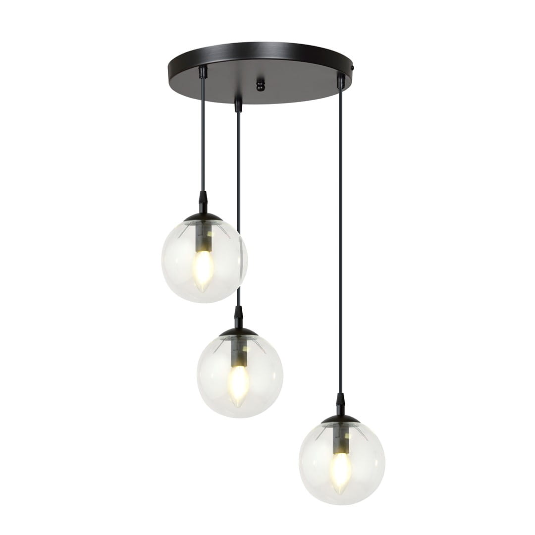 Lampa wisząca Cosmo Premium 3-punktowa z transparentnymi kloszami, umieszczona na okrągłej, czarnej podstawie. Trzy szklane kule z widocznymi żarówkami, zwisające na cienkich linkach, w nowoczesnym stylu.