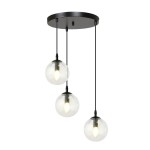 Lampa wisząca Cosmo Premium 3-punktowa z transparentnymi kloszami, umieszczona na okrągłej, czarnej podstawie. Trzy szklane kule z widocznymi żarówkami, zwisające na cienkich linkach, w nowoczesnym stylu.