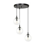 Lampa wisząca Cosmo Premium 3-punktowa z transparentnymi kulami. Wisi na czarnych przewodach z okrągłym, czarnym stelażem. Przezroczyste klosze w kształcie kul podkreślają elegancki design. Idealna do nowoczesnych wnętrz.