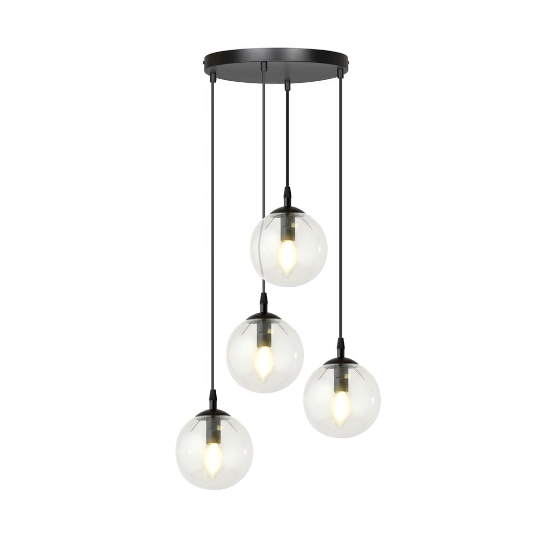 Lampa wisząca Cosmo Premium 4-punktowa z czterema przezroczystymi kulami na czarnych przewodach, zawieszona na okrągłej podstawie. Kule mają widoczne źródła światła, co podkreśla ich nowoczesny design.