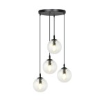 Lampa wisząca Cosmo Premium 4-punktowa z czterema przezroczystymi kulami na czarnych przewodach, zawieszona na okrągłej podstawie. Kule mają widoczne źródła światła, co podkreśla ich nowoczesny design.