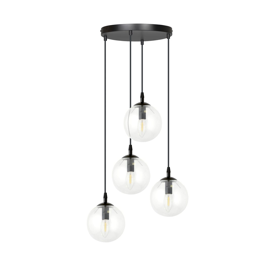 Lampa wisząca Cosmo Premium 4-punktowa, z czterema przezroczystymi kulistymi kloszami zawieszonymi na czarnych linkach, montowana na okrągłej, czarnej podstawie. Oświetlenie nowoczesne, idealne do wnętrz.