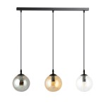 Lampa wisząca Cosmo 3-punktowa w kolorach: srebrnym, bursztynowym i przezroczystym. Szklane klosze zawieszone na czarnych linkach z metalowym stelażem. Klosze mają kulisty kształt, a ich różnorodna kolorystyka wprowadza dynamiczny akcent do wnętrza.