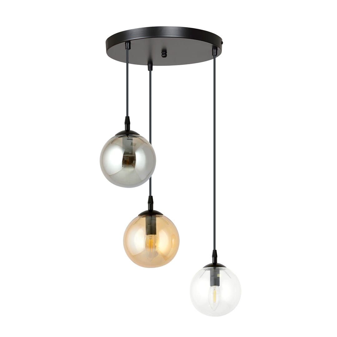 Lampa wisząca Cosmo Premium 3-punktowa z trzema okrągłymi kloszami w kolorach srebrnym, złotym i przezroczystym, zawieszona na czarnej podstawie. Klosze mają różne wykończenia, co tworzy efektowną aranżację świetlną.