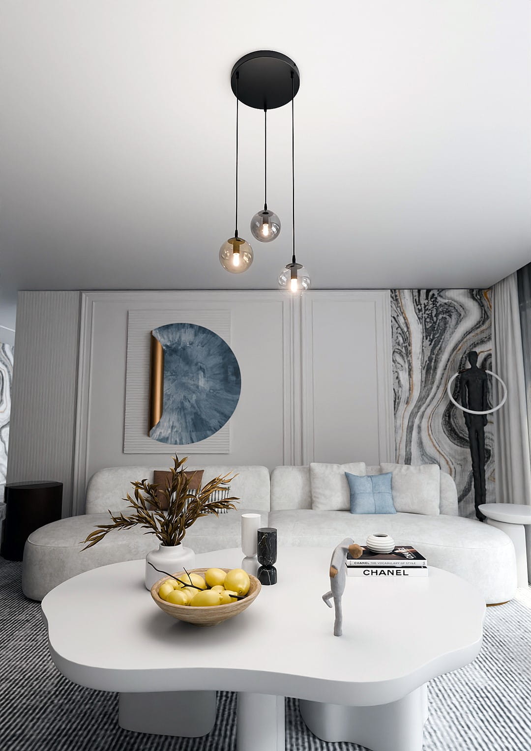 Lampa wisząca Cosmo Premium 3-punktowa w kolorach multikolorowych z trzema szklanymi kloszami, zawieszona na czarnym przewodzie. Widoczna w nowoczesnym wnętrzu z jasnym sufitem i dekoracyjnymi elementami ściennymi.