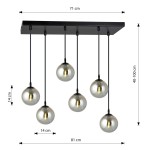 Lampa wisząca Cosmo 6-punktowa w kolorze grafitowym. Konstrukcja z sześcioma szklanymi kloszami w kształcie kul, zawieszonymi na czarnych linkach. Wymiary: szerokość 71 cm, długość 81 cm, regulowana wysokość 40-100 cm.