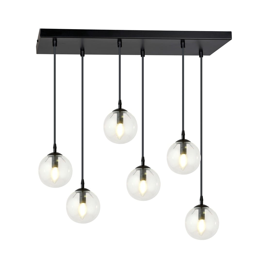 Lampa wisząca Cosmo 6-punktowa z przezroczystymi kloszami w kształcie kul. Klosze zawieszone na czarnych przewodach, mocowane do prostokątnej podstawy. Oświetlenie idealne do nowoczesnych wnętrz.