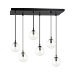 Lampa wisząca Cosmo 6-punktowa, z sześcioma przezroczystymi kulistymi kloszami zawieszonymi na czarnych przewodach. Metalowy, prostokątny stelaż w kolorze czarnym. Klosze mają subtelny, transparentny design, tworząc nowoczesny efekt świetlny.