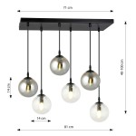 Lampa wisząca Cosmo Mix 2, 6-punktowa, z prostokątną, czarną podstawą. Zawiera sześć kulistych kloszy o średnicy 14 cm, w różnych odcieniach szkła (przezroczyste i dymione). Regulowana wysokość od 40 do 100 cm, szerokość 81 cm, długość 71 cm.