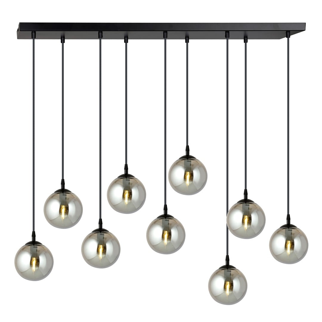 Lampa wisząca Cosmo 9-punktowa w kolorze grafitowym z dziewięcioma szklanymi kulami. Kule mają metaliczny połysk, zawieszone na czarnych linkach, zamocowane do prostokątnej podsufitki. Projekt o nowoczesnym designie, idealny do różnych wnętrz.
