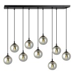 Lampa wisząca Cosmo 9-punktowa w kolorze grafitowym z dziewięcioma szklanymi kulami. Kule mają metaliczny połysk, zawieszone na czarnych linkach, zamocowane do prostokątnej podsufitki. Projekt o nowoczesnym designie, idealny do różnych wnętrz.