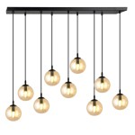 Lampa wisząca Cosmo 9-punktowa w kolorze miodowym z dziewięcioma szklanymi kulami zawieszonymi na czarnych linkach. Kula ma przezroczysty design, ujawniający źródło światła. Montaż sufitowy, nowoczesny styl.