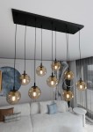 Lampa wisząca Cosmo 9-punktowa w kolorze miodowym, składająca się z dziewięciu okrągłych kloszy. Klosze mają przezroczysty, szklisty wygląd, zawieszone na cienkich czarnych przewodach z metalową podstawą.