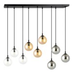 Lampa wisząca Cosmo mix, 9-punktowa, z czarnym stelażem i różnokolorowymi kulistymi kloszami: przezroczystym, złotym i srebrnym. Klosze zawieszone na długich przewodach, tworzą elegancki efekt wizualny.