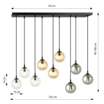 Lampa wisząca Cosmo mix, 9-punktowa, z czarnym stelażem. Osiem szklanych kul w różnych odcieniach: przezroczyste, szare i brązowe, zwisających na regulowanych linkach. Wymiary: 92 cm szerokości, 102 cm długości, wysokość 40-100 cm.