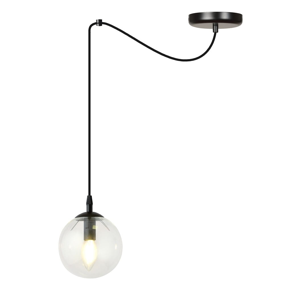 Lampa wisząca Gigi 1-punktowa z przezroczystym kloszem w kształcie kuli. Czarny przewód i mocowanie sufitowe. Produkt zawieszony w pozycji pionowej, idealny do nowoczesnych wnętrz.