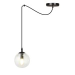 Lampa wisząca Gigi 1-punktowa z przezroczystym kloszem w kształcie kuli. Czarny przewód i mocowanie sufitowe. Produkt zawieszony w pozycji pionowej, idealny do nowoczesnych wnętrz.