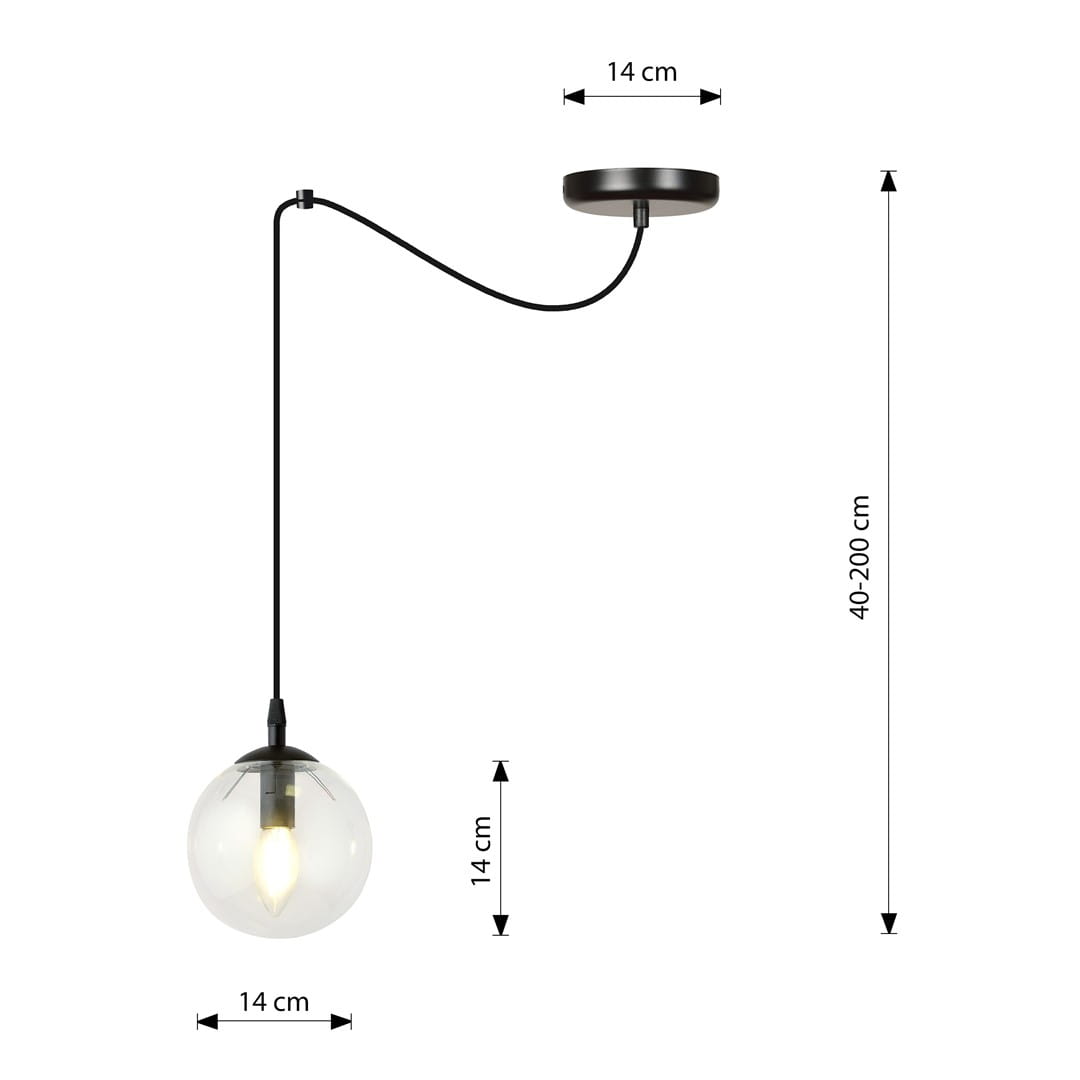 Lampa wisząca Gigi 1-punktowa, transparentna kula o średnicy 14 cm, zawieszona na czarnym przewodzie. Wysokość regulowana od 40 do 200 cm. Metalowy sufitowy mocowanie o średnicy 14 cm.