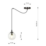 Lampa wisząca Gigi 1-punktowa, transparentna kula o średnicy 14 cm, zawieszona na czarnym przewodzie. Wysokość regulowana od 40 do 200 cm. Metalowy sufitowy mocowanie o średnicy 14 cm.