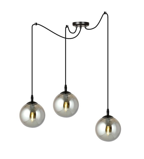 Lampa wisząca Gigi 3-punktowa w kolorze grafitowym, z trzema szklanymi, okrągłymi kloszami o lustrzanej powierzchni. Produkt zawieszony na czarnych przewodach, montowany do sufitu, z widocznymi żarówkami w środku.