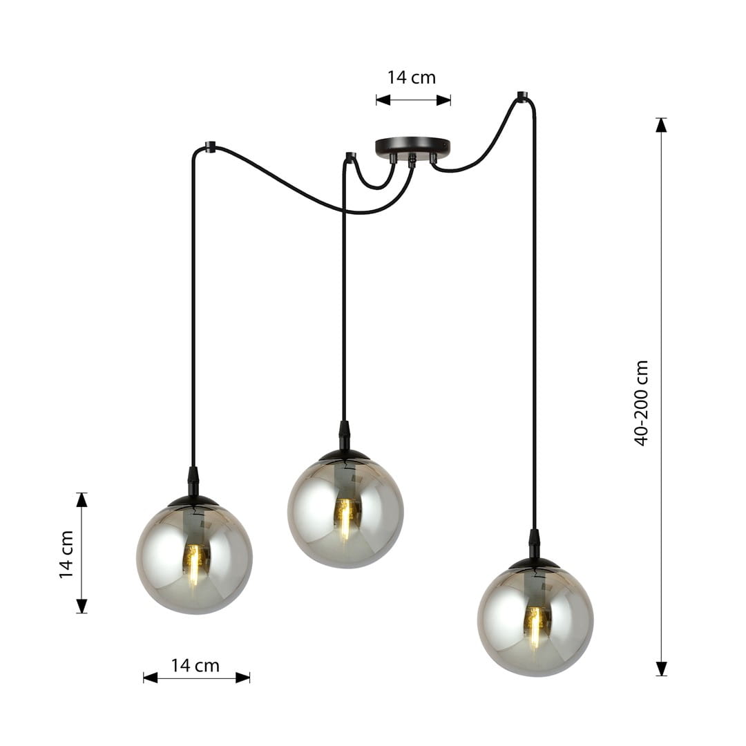 Lampa wisząca Gigi 3-punktowa w kolorze grafitowym. Składa się z trzech szklanych kul o średnicy 14 cm, zawieszonych na regulowanych kablach w zakresie 40-200 cm. Elementy metalowe w matowym wykończeniu, sufitowa podsufitka o średnicy 14 cm.