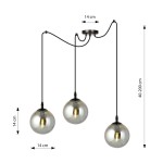 Lampa wisząca Gigi 3-punktowa w kolorze grafitowym. Składa się z trzech szklanych kul o średnicy 14 cm, zawieszonych na regulowanych kablach w zakresie 40-200 cm. Elementy metalowe w matowym wykończeniu, sufitowa podsufitka o średnicy 14 cm.