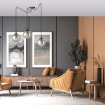 Lampa wisząca Gigi 3-punktowa w kolorze grafitowym z trzema szklanymi kloszami, zawieszona na czarnych linkach, w nowoczesnym wnętrzu z żółtymi fotelami i drewnianymi meblami. Tło w odcieniach szarości i drewna.