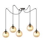 Lampa wisząca Gigi 5-punktowa w kolorze miodowym. Składa się z pięciu okrągłych, przezroczystych kloszy zawieszonych na czarnych kablach. Montaż sufitowy z metalowym elementem. Idealna do nowoczesnych wnętrz.