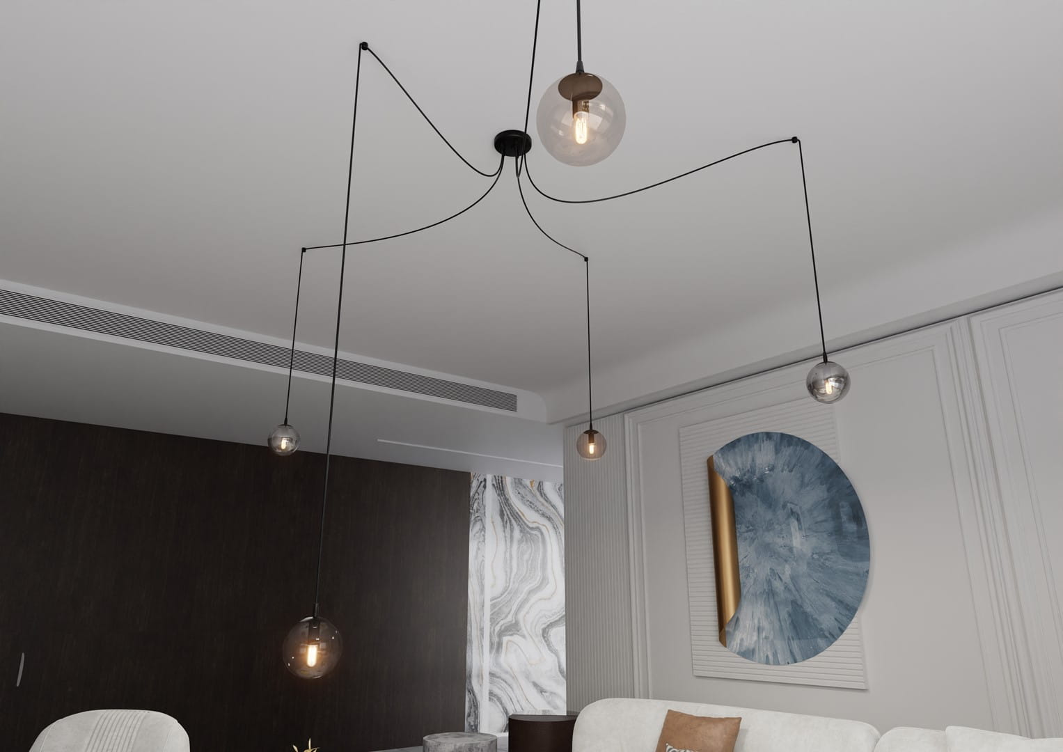 Lampa wisząca Gigi 5-punktowa w multikolorze, z pięcioma szklanymi kloszami w różnych odcieniach, zawieszona na czarnych przewodach. Ujęcie z dołu, pokazujące subtelne detale kloszy oraz ich różne kształty, w nowoczesnym wnętrzu.