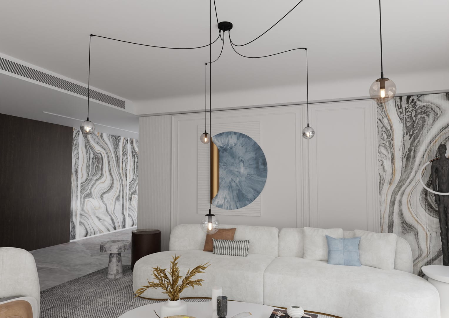 Lampa wisząca Gigi 5-punktowa w multikolorze, z przezroczystymi kloszami w kształcie kul. Ułożona na czarnych przewodach, zwisa z sufitu w nowoczesnym wnętrzu. Tło z jasnymi ścianami i dekoracyjnym panelem dopełnia aranżację.
