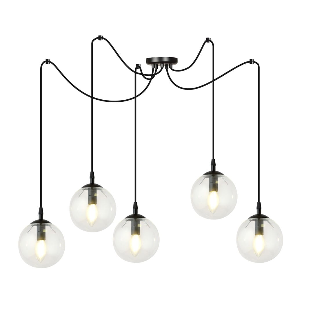 Lampa wisząca Gigi, pięciopunktowa, z transparentnymi kulami. Kule zawieszone na czarnych przewodach, z metalowymi mocowaniami. Okrągła podsufitka w kolorze czarnym, minimalistyczny design. Idealna do nowoczesnych wnętrz.