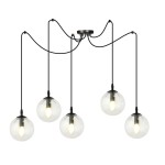 Lampa wisząca Gigi, pięciopunktowa, z transparentnymi kulami. Kule zawieszone na czarnych przewodach, z metalowymi mocowaniami. Okrągła podsufitka w kolorze czarnym, minimalistyczny design. Idealna do nowoczesnych wnętrz.