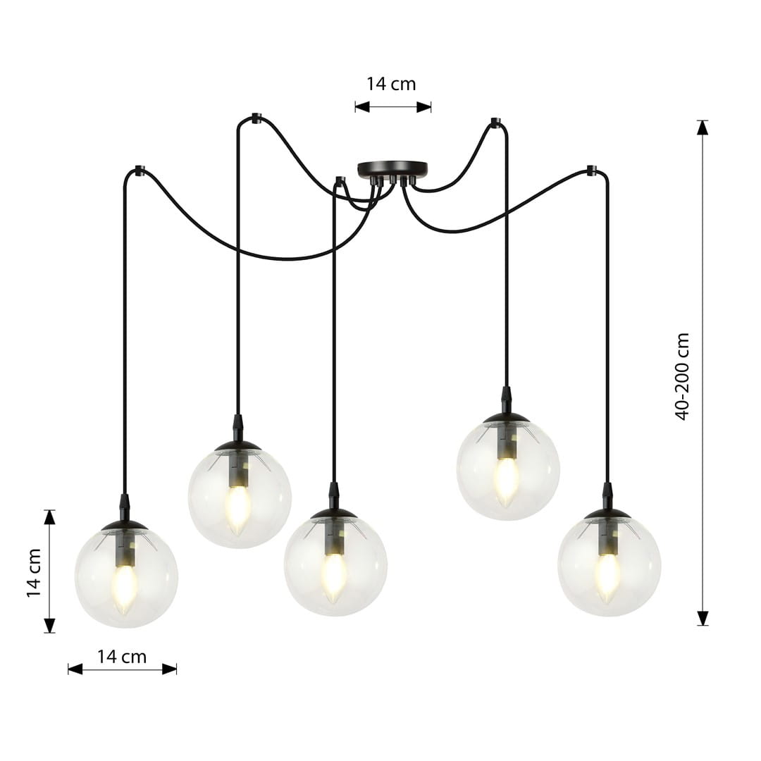 Lampa wisząca Gigi 5-punktowa, transparentna, z pięcioma okrągłymi kloszami o średnicy 14 cm, zawieszona na czarnych przewodach. Wysokość regulowana od 40 do 200 cm. Metalowy stelaż w kolorze czarnym.