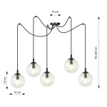 Lampa wisząca Gigi 5-punktowa, transparentna, z pięcioma okrągłymi kloszami o średnicy 14 cm, zawieszona na czarnych przewodach. Wysokość regulowana od 40 do 200 cm. Metalowy stelaż w kolorze czarnym.