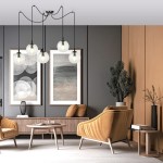 Lampa wisząca Gigi 5-punktowa w transparentnych kloszach, zawieszona na czarnych przewodach. Ujęcie z góry, prezentująca nowoczesny design w aranżacji wnętrza z żółtymi fotelami i drewnianymi meblami. Tło w odcieniach szarości i drewna.