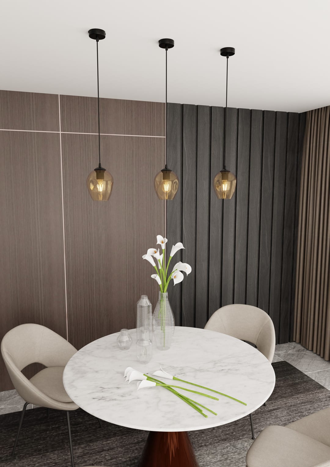 Lampa wisząca Istar 1-punktowa w kolorze miodowym, z przezroczystym kloszem, zawieszona na czarnym przewodzie. Produkty w tle ustawione na okrągłym stole z marmurowym blatem, otoczone jasnymi krzesłami i dekoracjami roślinnymi.