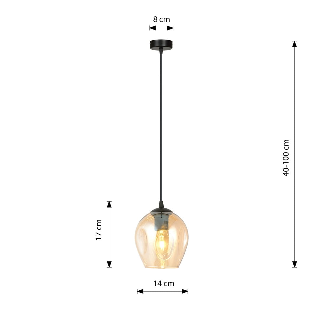 Lampa wisząca Istar 1-punktowa w kolorze miodowym. Szklany klosz o wysokości 17 cm i szerokości 14 cm, zawieszony na czarnym kablu o długości regulowanej od 40 do 100 cm. Podstawa o średnicy 8 cm. Idealna do nowoczesnych wnętrz.