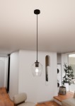 Lampa wisząca Istar 1-punktowa, transparentna, o szklanym kloszu w kształcie dzwonu. Zawieszona na czarnym przewodzie, montowana sufitowo. W tle dwukolorowe wnętrze z drewnianą podłogą i roślinnością.