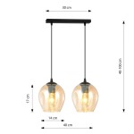 Lampa wisząca Istar 2-punktowa w kolorze miodowym, z dwoma szklanymi kloszami o średnicy 14 cm zawieszonymi na czarnych linkach. Wymiary: szerokość 30 cm, wysokość kloszy 17 cm, regulowana wysokość 40-100 cm. Idealna do nowoczesnych wnętrz.
