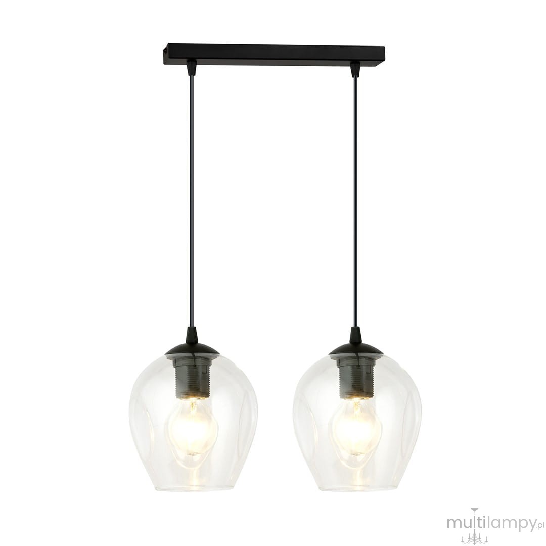 Lampa wisząca Istar 2-punktowa z przezroczystymi kloszami w kształcie szklanych kul, zawieszona na czarnym stelażu. Widoczna oprawka z żarówką, elegancki design, idealna do nowoczesnych wnętrz.