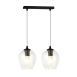 Lampa wisząca Istar 2-punktowa z przezroczystymi kloszami w kształcie szklanych kul, zawieszona na czarnym stelażu. Widoczna oprawka z żarówką, elegancki design, idealna do nowoczesnych wnętrz.