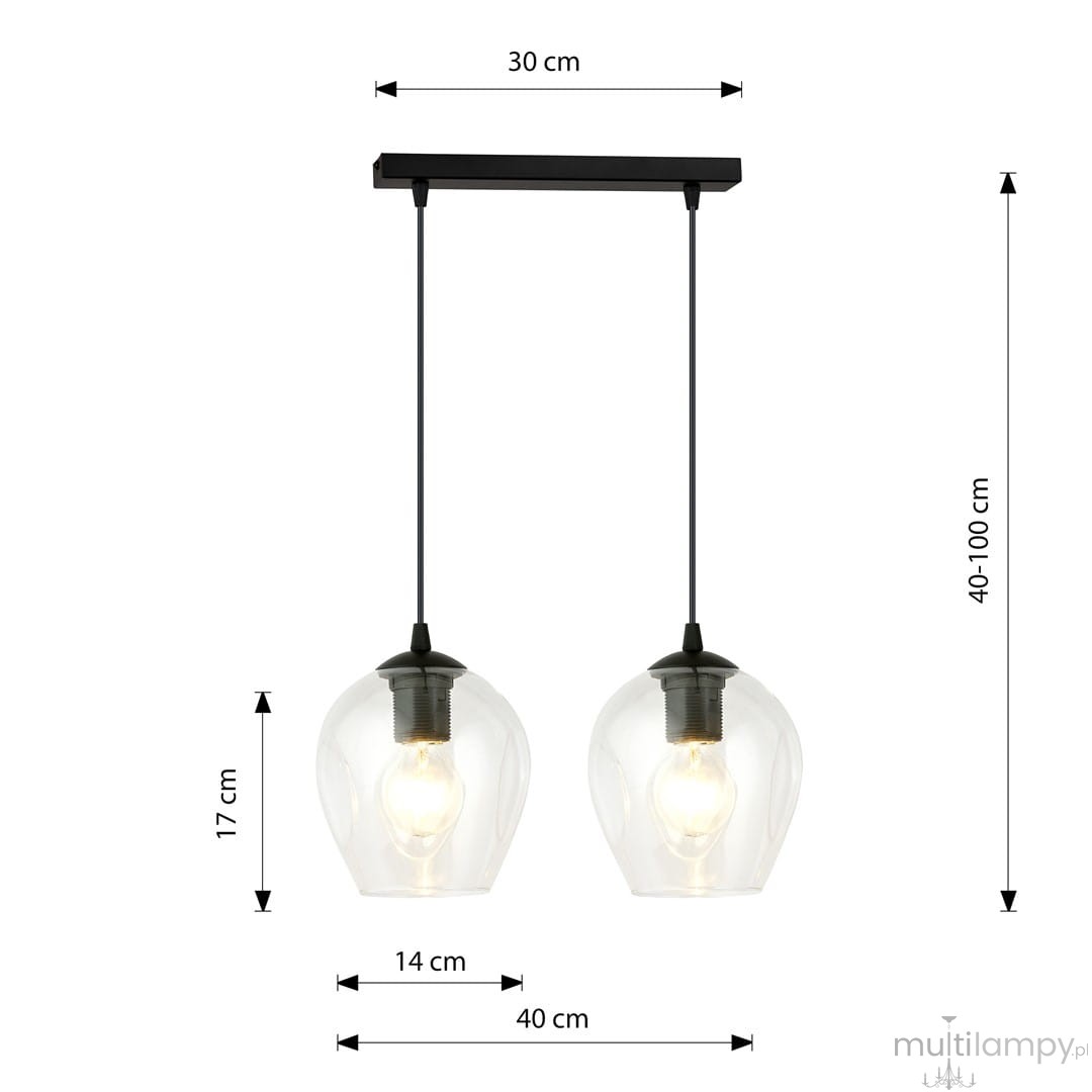 Lampa wisząca Istar 2-punktowa, z transparentnymi kloszami o średnicy 14 cm, zawieszona na czarnym stelażu. Wysokość 17 cm, regulacja 40-100 cm. Klosze mają zaokrąglony kształt, eksponując żarówki. Prosta, nowoczesna forma.