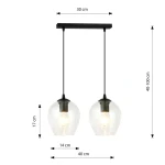 Lampa wisząca Istar 2-punktowa, z transparentnymi kloszami o średnicy 14 cm, zawieszona na czarnym stelażu. Wysokość 17 cm, regulacja 40-100 cm. Klosze mają zaokrąglony kształt, eksponując żarówki. Prosta, nowoczesna forma.
