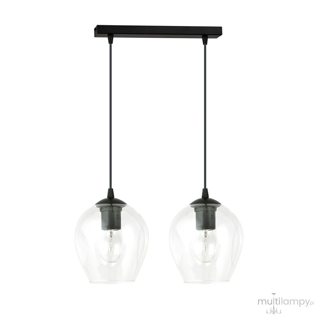 Lampa wisząca Istar 2-punktowa z przezroczystymi kloszami w kształcie dzwonu, zawieszona na czarnych linkach. Metalowy stelaż w kolorze czarnym, z widocznymi żarówkami wewnątrz kloszy. Produkt wisi poziomo, na prostokątnej podstawie.